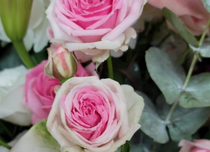 Détail roses roses et lys, tons pastel